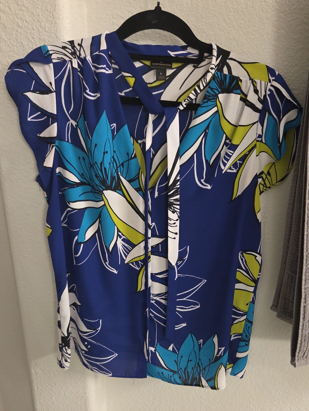 Worthington Royal Blue Floral Tie-Neck Blouse - Picture 1 of 5
